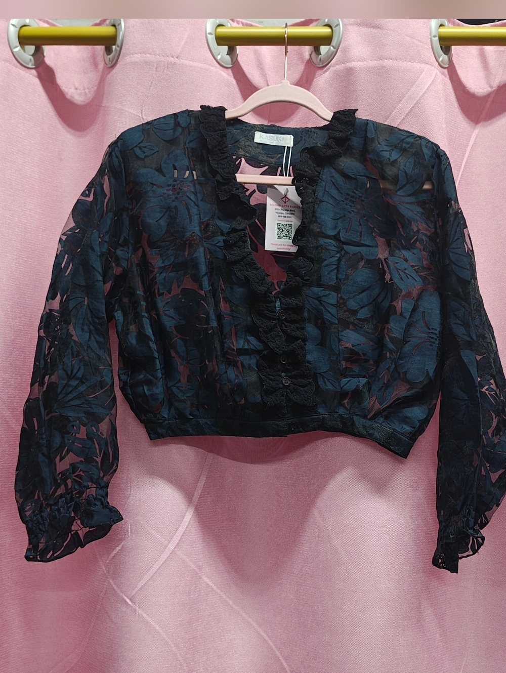 Kasuki Sheer Black Blue Floral Cropped Button-Front Blouse Sz M(?)